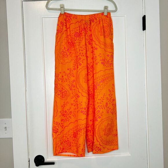 Flax Pants - Flax Orange Pink Floral Crop Linen Wide Leg Pants Size P 4-6